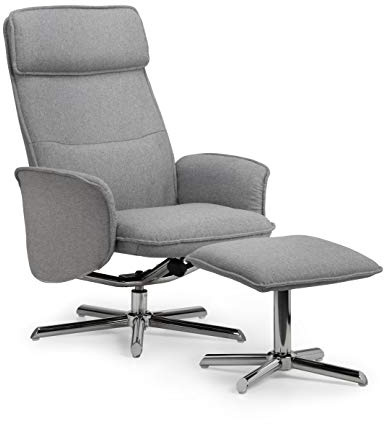 Julian Bowen Aria Relaxsessel mit Hocker, Leinen, Grau | Moderner Liegestuhl mit Hocker, gepolstert, graues Leinenimitat, gebürstete silberfarbene Beine, glatte verstellbare