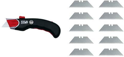 Wedo 78815 Safety Cutter Premium, TÜV/GS-geprüft, autom. Klingenrückzug, ergonomisch, auch für Linkshänder, inkl. 5 Ersatzklingen, schwarz/rot & Wedo 7881 Cutter Ersatzklingen Trapez 10 Stück, silber