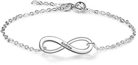 Smileface Personnalisé Argent Charme Bracelet Femme 1 Nom Amour Infini Ajustable Chaîne 21th 30th Anniversaire Mères Journée Cadeaux Gravé Rhodium Plaqué