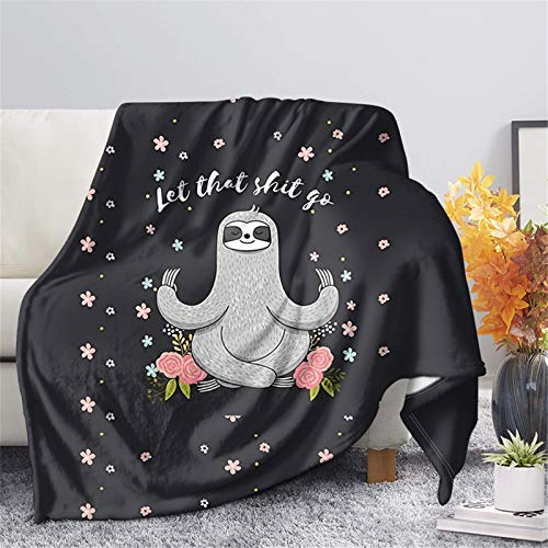 HUGS IDEA Sherpa-Fleece-Decke, niedliches Yoga-Faultier-Blumenmuster, schwarz, Flanell, weich, übergroß, für Erwachsene, leicht, gemütlich, Plüsch, Mikrofaser, Tagesdecken – XS