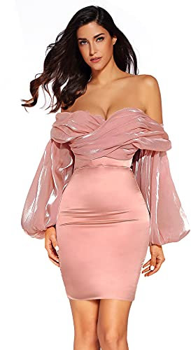 meilun Figurbetontes pinkes Kleid für Frauen, drapiert, schulterfrei, Ballon-Kleid, lange Ärmel, Partykleid, Club-Kleid, rose, Groß