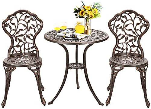 GYMAX 3-teilig Bistro Set, Sitzgruppe inkl. Balkontisch & 2 Stühle, Sitzgarnitur aus Aluminiumguss, Gartenset im antiken Stil wetterfest, für Garten, Balkon & Terrasse, Bronze