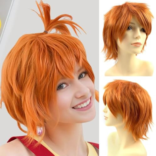 YEESHEDO Unisex-Perücke, golden-orange, kurzer Bob, Anime, Cosplay, volle natürliche Schicht, glatt, flauschiges Haar, Kostüm, Party, Verkleidung, Perücke für Damen, Herren, Jungen, Mädchen