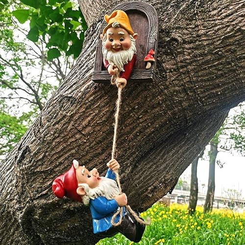 Large Climbing Gnomes Tree Hugger, Elf Out The Door Garden Gnome Statue Resin Sculpture Tree Ornaments, Patio Lawn Yard Porch Outdoor Whimsical Decoration