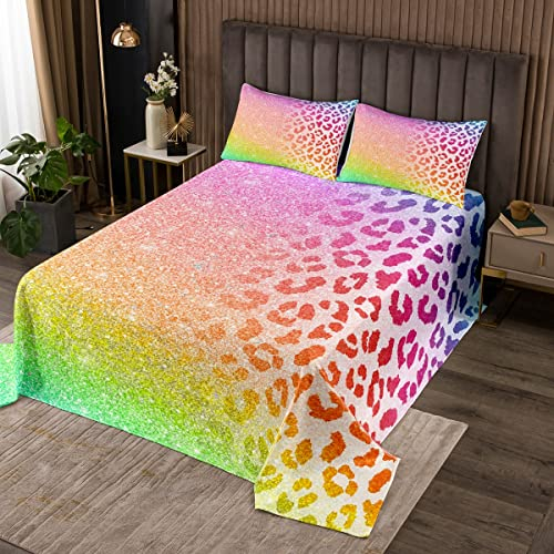 Tagesdecke mit Geparden für Mädchen 170 x 210 cm Regenbogen Leopard Tagesdecke Glitzer Pailletten Galaxie gesteppt für Kinder Teenager Frauen buntes Ombre Wildtier Steppdecken Set 1 Kissenbezug