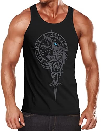 Neverless® Herren Tank-Top Wikinger Kompass Fenriswolf Fenrir Vegvisir Wolf Asgard Valhalla Muskelshirt Muscle Shirt schwarz M