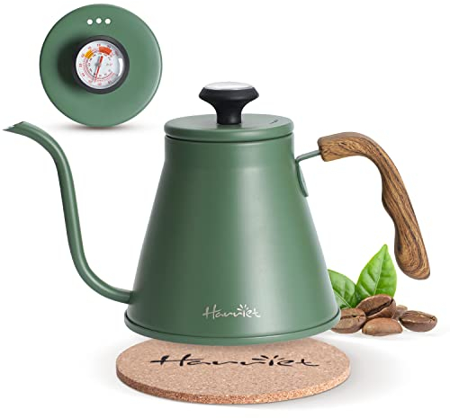 Harriet Schwanenhals-Wasserkocher, 1048.9 g Pour Over Wasserkocher für Herd, Kaffeekessel mit Thermometer, Edelstahlkessel mit 3-lagigem Boden, Anti-Heiß-Griff, für Tropfkaffee und Tee, Grün