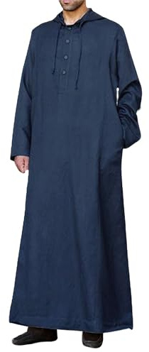 YAOHUOLE Mens Kaftan THobe Long Sleeve Casual Muslim Robes Button Up Loose Long Down with Hoodie Dark BlueM