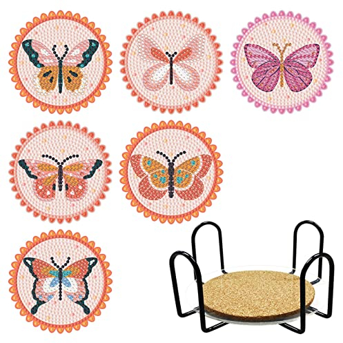 Posavasos con Pintura Diamantes, 6 Kits Posavasos con Forma Mariposa y Portavasos, Posavasos Redondos Antideslizantes para Tazas de Café, Tazas de Cerveza, Copas de Vino, Tazas de Leche, Tazas de Té
