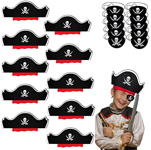 MOSNOW 10 Stück Piratenhut+10 Stück Augenklappe Pirat Kinder, Filz Piraten-kapitän Hut Schädel Piraten Zubehör Set Piratenhut Pirat für Piraten-hut Kindergeburtstag Piratenparty Weihnachten