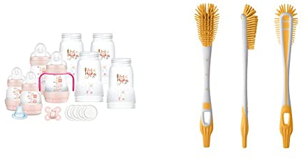 MAM Biberon Easy Start Lot de 8 biberons en formats de 130 ml, 160 ml et 260 ml, couleur rose, 730 g & Goupillon biberon & tétine, poils extra-souples anti-rayures – coloris aléatoire