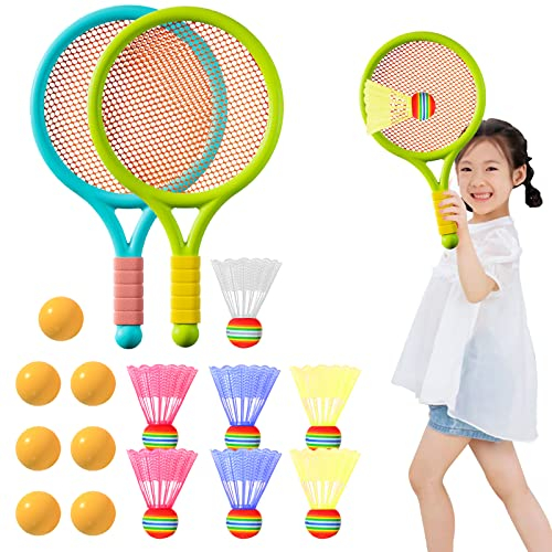 Tennisschläger Set Kinder,Mengger Kinder 2 in 1 Badminton Tennis Schläger Eltern-Kind-Interaktives 2 Tennis Schläger mit 7 Badmintonball und 7 Tennisball für Kleinkinder, Anfänger, Jungen, Strand