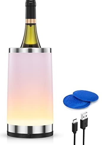 Elrigs Weinkühler mit Aufladebare Ambient RGB Touchlampe| Flaschenkühler mit 2 Kühlpads für 750ml Sekt/Wein| Ideal als Wein Geschenk für Fraunen/Männer| Wein Zubehör für Party/Abendessen