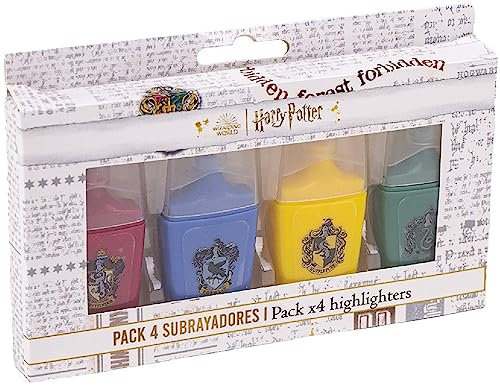 Harry Potter Marker Stifte Set 4-Teilig - Mini Format - In Rot, Blau, Gelb und Grün - Mit dem Wappen des Hauses Hogwarts - Schulutensilien aus ABS-Kunststoff - Original Produkt in Spanien Designed