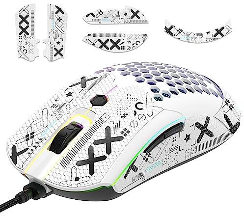 [Upgrade-Kit] Leichte Gaming-Maus mit Maus-Griffband, PIXART PAW3325 12000DPI High Performance Super Light 65G USB RGB-Gaming-Gaming-Mäuse, Anti-Schlupf-Grip-Klebeband für schweißwiderstand-Weiss