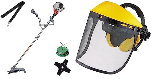 IKRA Benzin Freischneider Trimmer IBF 25-1 inkl. Fadenspule, 4-Zahn-Messer & Schultergurt & Oregon Gesichts- und Gehörschutzkomination,mit Netzvisier und integriertem Kapselgehörschutz, Gelb