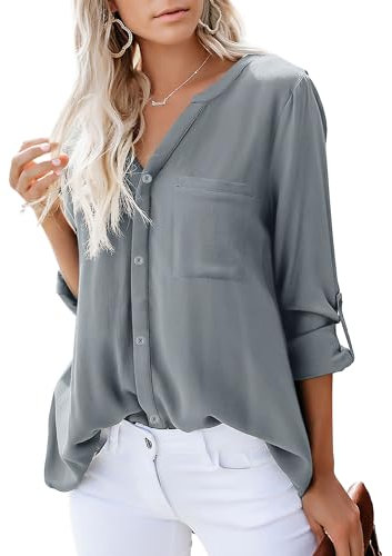 Dordanity Damen Bluse Elegant V-Ausschnitt Hemd Langarm Casual Arbeit Einfarbig Button Down Lose Langarmshirt Oberteile Tops (XX-Large,Grau)
