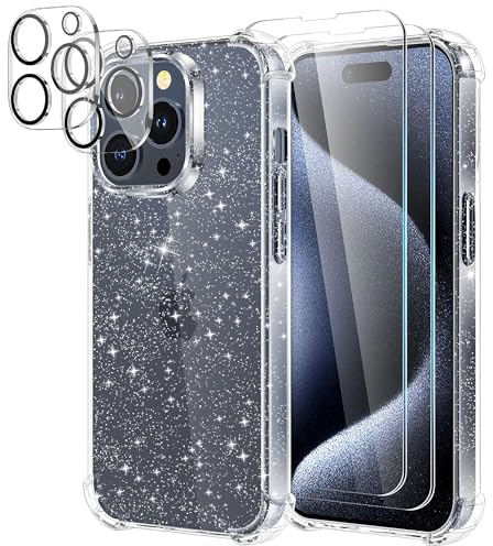 YIRSUR Funda para iPhone 15 Pro Glitter, con 2 Pack Cristal Templado y 2 Pack Protector de Lente de Cámara, Transparente Brillante Carcasa Silicona TPU Airbag Anti-Choque Case