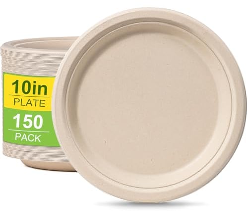 Greensight Rigid Disposable Paper Plates - Brown, 10 Inch, 150 Pack Eco-Friendly, Sugarcane Strong Heavy Duty Compostable Dishes for Party BBQ