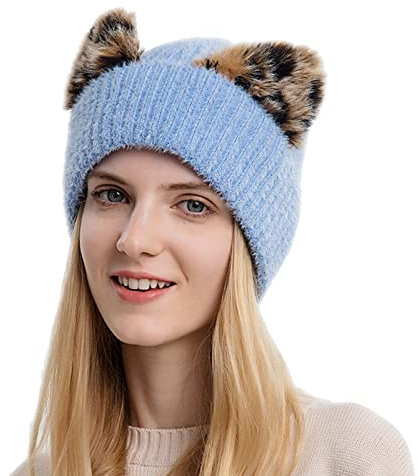 Mashaouyo Damen-Wollmütze mit Leopardenmuster, Katzenohr-Hut, elastische Strickmütze, kalte Mütze, Skimütze, warme Mütze Handschuhe Kinder (Blue, One Size)