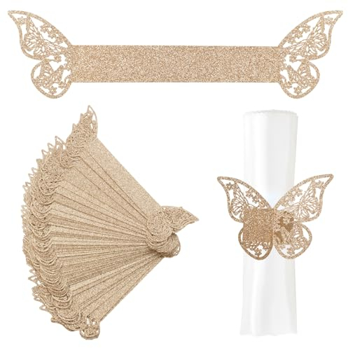 URROMA Serviettenringe, 50 Stück Rose Gold Hollowed Schmetterling Serviettenring Halter Haushalt Serviettenschnalle für Tischdekoration, Hochzeit, Weihnachten, Party Dinner, Thanksgiving