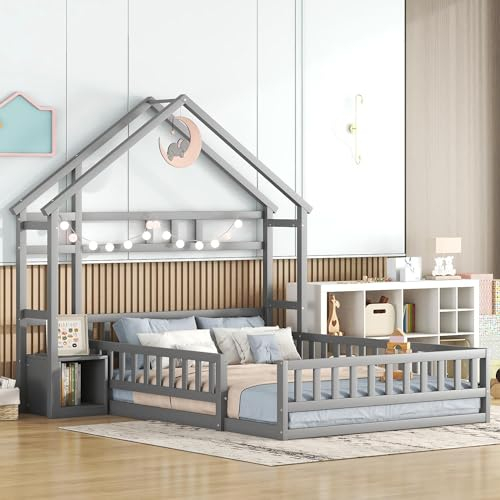 FEZTOY Kinderbett Bett Hausbett 140x200 mit Nachttischen und Rausfallschutz Bodenbett Bettgestell Flachbetten für Haus Kinder Jungen & Mädchen, ohne Matratze
