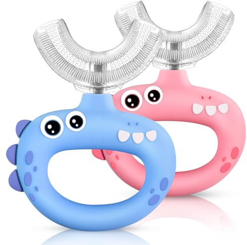 SUPERZZKKE Spazzolino da denti per bambini, a forma di U, con spazzola in silicone morbido per uso alimentare, bocca intera manuale, design per la pulizia orale a 360°, per bambini da 1 a 2 anni, 3-6