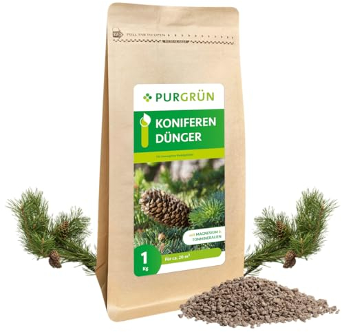 Purgrün® Koniferendünger 1 kg – Organisch-mineralische Rezeptur – Feinkörniges Krümelgranulat – NPK 5+4+6 – Extra Magnesium für leuchtend grüne Nadeln – Verbessert die Bodenqualität