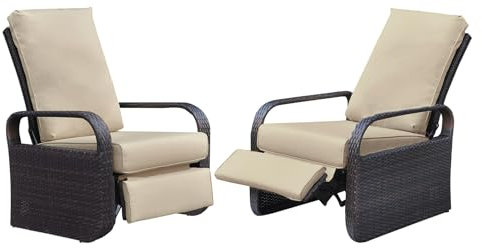 ATR ART TO REAL Juego de 2 sillas reclinables de jardín, altura ajustable de 3 posiciones, marco de aluminio, tumbonas de ratán tejidas a mano para muebles de jardín, silla reclinable, color caqui