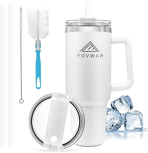 Weigulo Car Coffee Mug 40oz with Handle Insulated Travel Mug with Straw Reusable Stainless Steel Double Wall Travel Bottle Car Coffee Mug for Hot Iced Coffee (White)