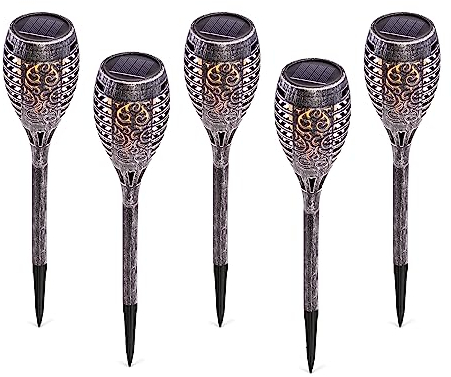 esotec Solar Gartenfackeln Bergamo, 5er Set, Tribal Design, Solarleuchtenset, Flackerlicht, Stecklicht, Garten Balkon, silber, Kunststoff, Akku, IP44, außen, wetterfest, winterfest, 102871