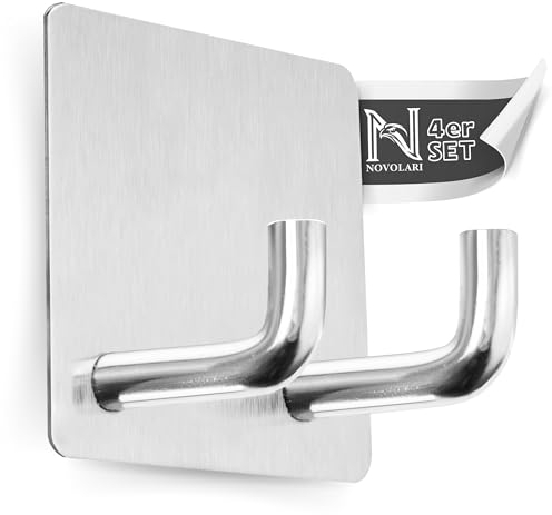NOVOLARI Premium Doppel Klebehaken extrastark 4er Set chrome Edelstahl für Bad Küche Garage Abstellkammer Handtuchhalter ohne Bohren Badezimmer Organizer Garderobenhaken Werkzeughalter Gerätehalter