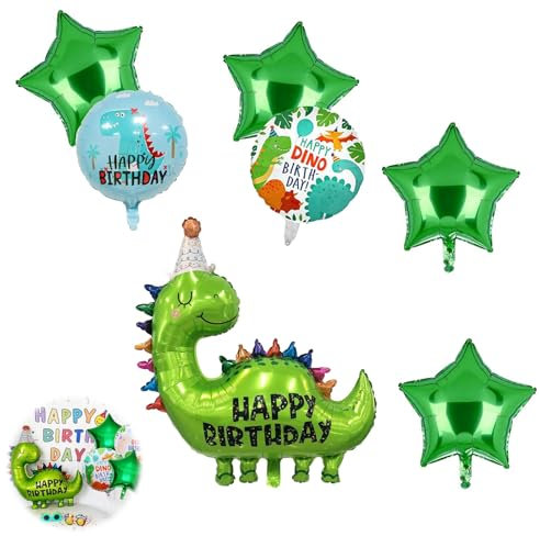 7 Pcs Dinosaurier Folienballon, Dinosaurier Happy Birthday Luftballon, Dino Luftballon Geburtstag Deko Set, Dino Folienballons für Junge Geburtstagsparty, Dino Langhals Folien-Ballon