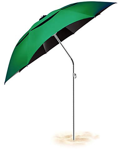 Buziba Sombrilla de playa para arena con ancla, refugio solar inclinable, resistente al viento UV 50+, sombrilla portátil para exteriores patio, jardín, piscina, patio trasero (verde)