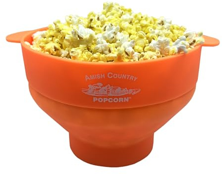Amish Country Popcorn | Collapsible Silicone Microwave Popper with Customized ACP Logo | BPA and PVC Free Popcorn Bowl with Handles | Dishwasher Safe | Includes 2-2 oz Bags of Kernels (Orange)