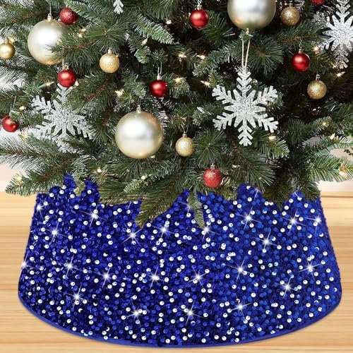 PATYDEST Blue Sequin Christmas Tree Collar - 28.8 Inch Large Glitter Xmas Tree Base Cover - Decorative Ring Basket for Holiday Ornaments