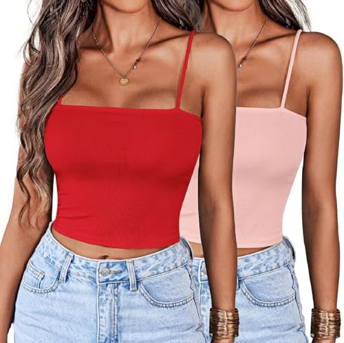 Ekouaer Lot de 2 Débardeur Femme Sexy Eté sans Manches Tank Tops Courts Bretelles Spaghetti Crop Top Y2k Hauts pour Femmes Rouge + Rose M