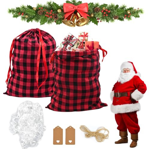 YBCCBY 2 PCS Saco de Navidad Grande Con Cordón y Barba de Papá Noel - Bolsa de Lona 71x51cm Para Rellenar Regalos