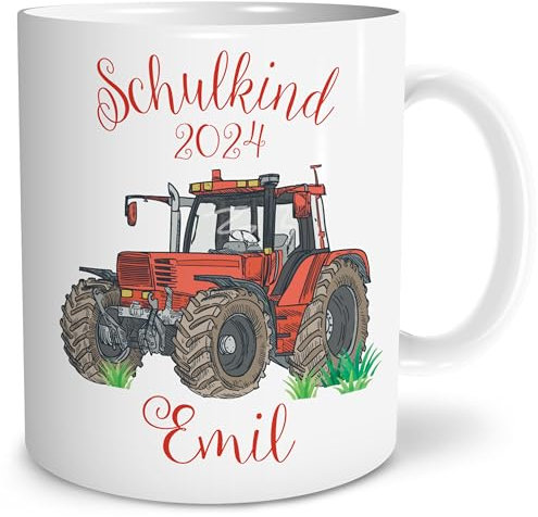 OWLBOOK® Personalisierte Tasse für Kinder mit Namen | Einschulung Junge | Einschulung Mädchen | Einschulungs Geschenk Jungen Mädchen personalisiert | Traktor | Keramik 300 ml