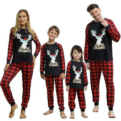 Pyjama Noel Famille,Ensemble Pyjama Famille Noel,Pyjama de Noël Famille Assortis,Vêtement de Nuit à Manches Longues avec Imprimé de Renne,Christmas Pyjamas Noel pour Femme Homme Enfant Bébé et Couple