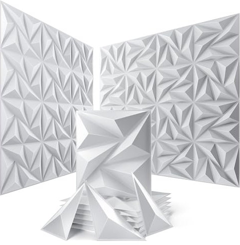 Sonicism Wall Panels Upgrade 32 Pack,0.7”x11.8”x11.8”Pyramid 3D Wall Panels Creative Cutting,PVC Wall Panels for Interior Wall Decor Fire Resistant,Wall Tiles for Various Scenes(Pure White)