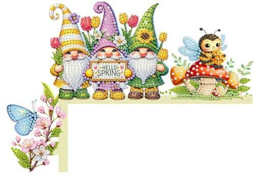 Generisch 5D Diamond Painting Frühling Deko, Garten Wichtel Diamant Painting Tür Deko Kit, DIY Diamant Malerei Frühling Tür Ecke Deko Türrahmen Deko Türecke Deko Rechtswinkelschild-Hallo Frühling