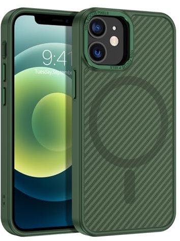 BENTOBEN Cover Magnetica per iPhone 12 Mini 5.4 Pollici, Compatibile con Magsafe, Custodia Antiurto Sottile Design in Fibra di Carbonio, Resistente ai Graffi, Anti-Scivolo, Verde