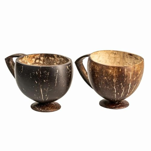 JMS we create smile - Coconut Teacup Natural & Handmade Coconut Shell Mug Juice and Hot Drink Cups, Durable Wooden Finish - 200 ml (Set of 2)