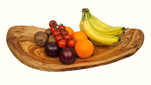 Cleminson Handcrafted Olive Wood Fruit Bowl, Curved Wooden Serving Board