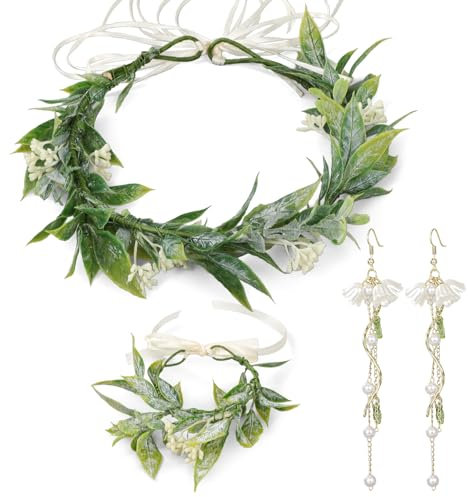 MWOOT Blumenkranz Kopfschmuck Handgelenk Blume Ohrringe Set, Braut Grüne Blatt Blumenkrone Stirnband und Armband mit Band Verstellbar, Boho Maiglöckchen Perle Lange Quaste Ohrringe für Hochzeit Party