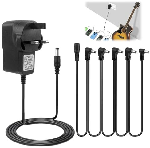 9V Guitar Pedal Power Supply Adapter, 2m DC Wall Charger Adapter with 5 Way Daisy Chain Pedal Cables for Behringer, JOYO, Donner, BOSS, Sonicake, MXR, Zoom Effects Pedals Tip Negative Cable
