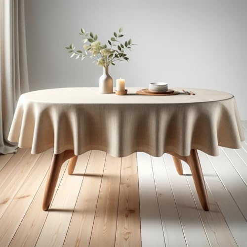 SANLEHAUSE Ovale Tischdecke Abwaschbar, Beige Tischdecken 155x240cm Leinen, Pflegeleichte Tischdecke Leinenoptik, Handgestanzt, für Wohnzimmer, Esszimmer, Balkon, Garten