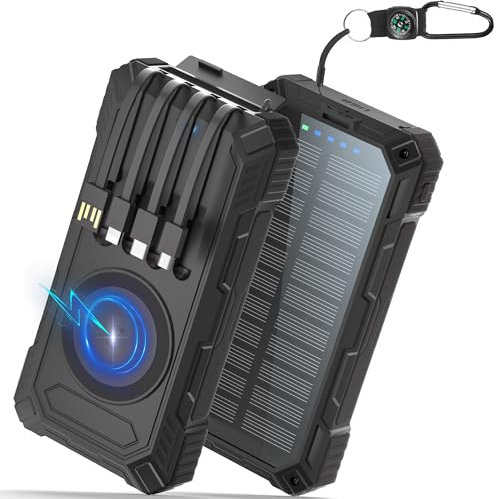 Cargador Solar 56800mAh, 30W PD 3.0A USB C Carga Rápida Bateria Externa con 4 Cables, 6 Input & 4 Output, 15W Carga inalámbrica, Luces indicadoras LED, Linterna, Cargador Portátil para Teléfono