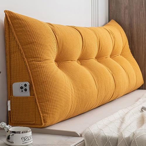 Rückenkissen Bett 140 cm Gelb, Cozy Lesekissen für Bett und Sofa, Groß Keilkissen mit Abnehmbarem und Waschbarem Bezug, Praktischem Seitenfach, Rückenlehne für die Wand, Sitzkissen, Wandkissen